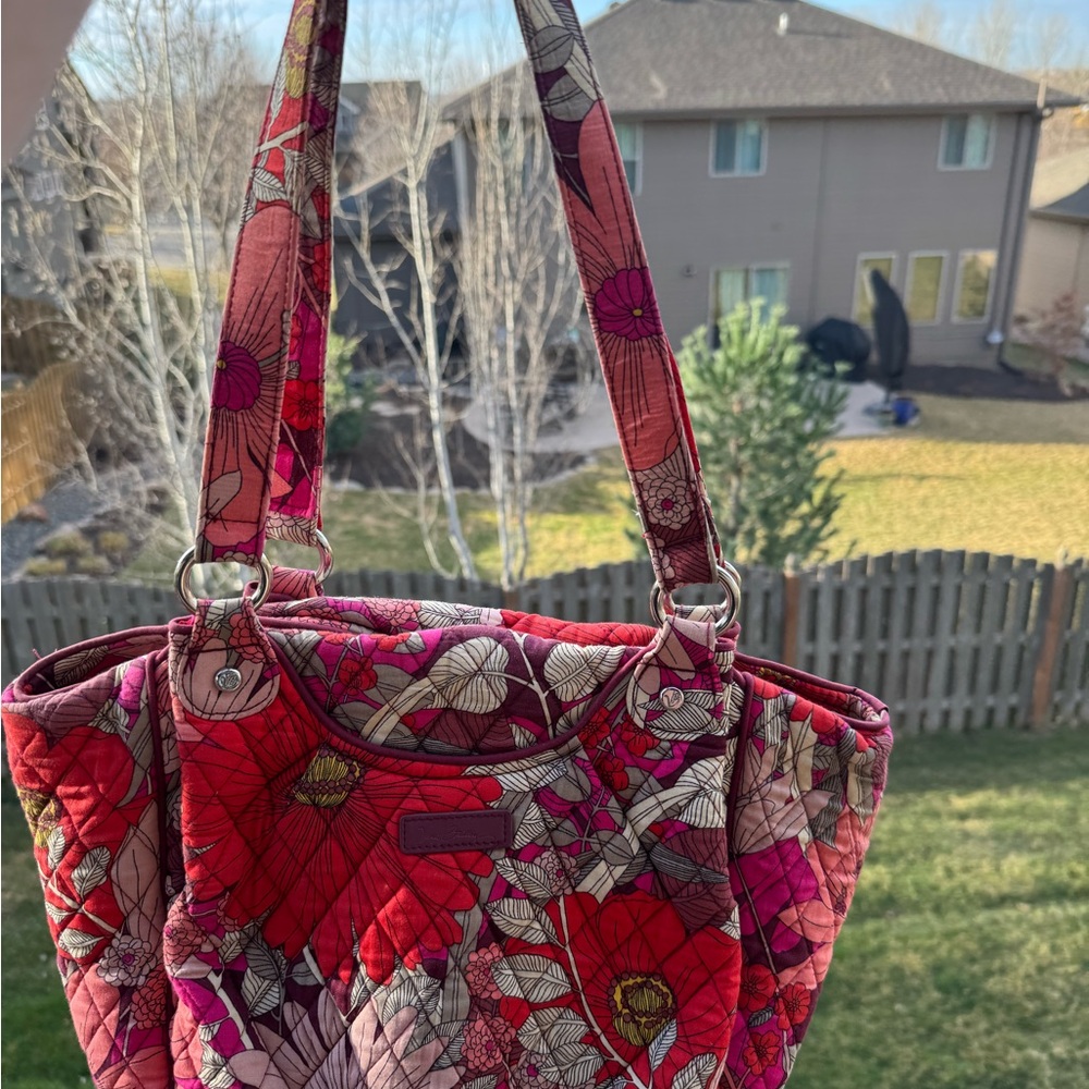 Vera Bradley Pink Floral Slim Tote Bag Purse, Boho Bohemian Garden, Red, White